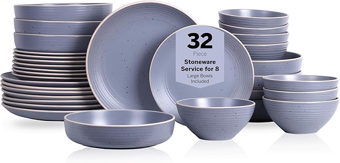Stone Lain Lauren Modern Stoneware 32-piece Round Dinnerware Set, Plates and Bowls Set, Dish set for 8, Light Gray