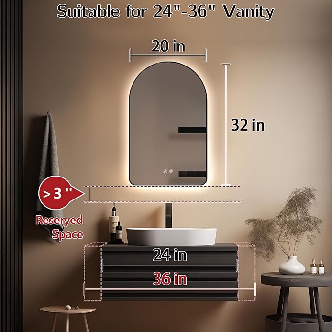 Niccy Arched LED Lighted Bathroom Mirror, 32x20 Inch Backlit Vanity Bathroom Mirror with Lights Brushed Black Framed Wall Mounted Mirrors with 3 Color Shatterproof Arch Smart Fog Free Mirror