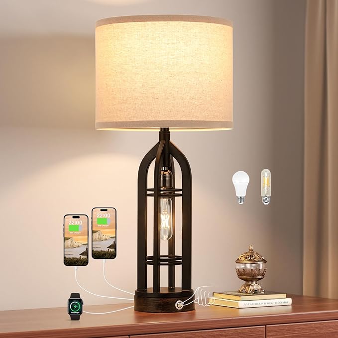 Seealle Table Lamps for Living Room - Black Bedside Lamp for Bedroom with USB C+A & Outlet, Farmhouse Lamps for Night Stands, 3-Way Dimmable Touch Lamps for Living Room with Oat Shade(Single)