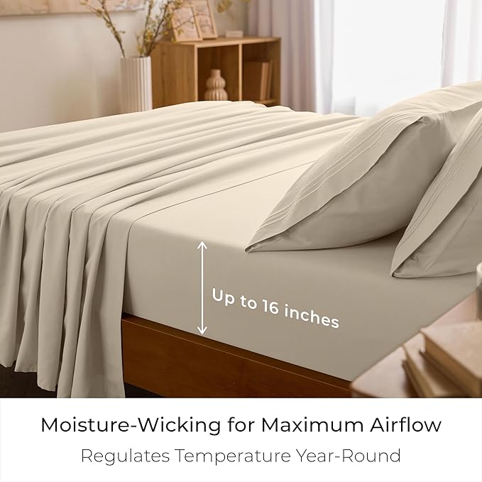 Mellanni California King Sheets Set - 4 PC Iconic Collection Bedding - Hotel Luxury, Extra Soft, Cooling Bed Sheets - Wrinkle, Fade, Stain Resistant (Cal King, Beige)