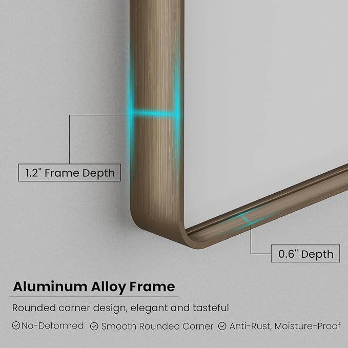 Bronze Bathroom Mirror 48x36 Inch, Brushed Bronze Metal Frame Mirror for Wall, Rounded Rectangle Bathroom Vanity Mirror with Tempered Glass, Anti-Rust, Horizontal/Vertical