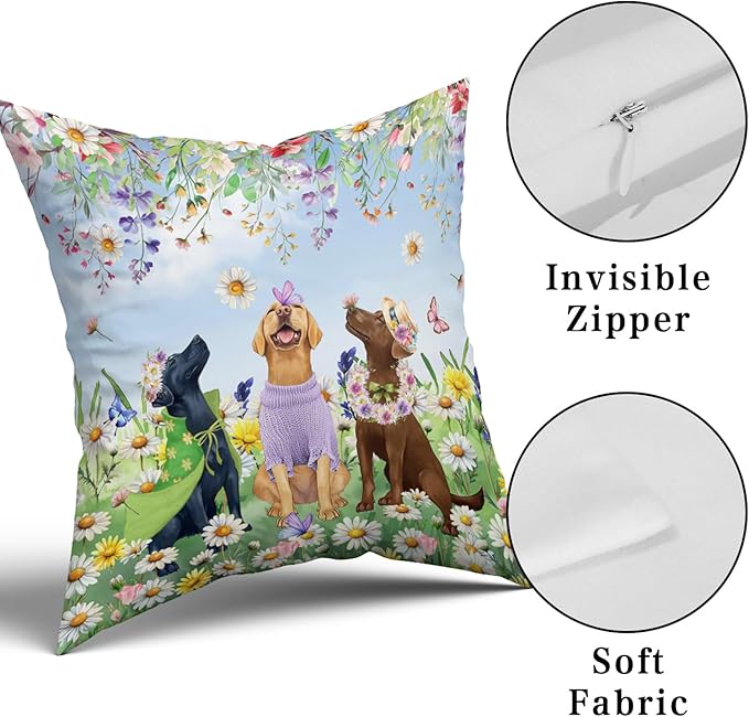 Giwawa 2PCs Spring Dogs Throw Pillow Covers, 20"x20" Colorful Wildflowers Funny Puppy Decorative Square Pillow Cases, Watercolor Floral Animal Cotton Cushion Covers Sofa Porch Bedding Decor