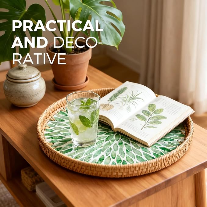 13.8 in Round Rattan Tray with Mother of Pearl Inlay, Wicker Serving Tray Mother for Decor, Rattan Round Wicker Coffee Table Tray for Coffe Friut Bread, Green Leaf