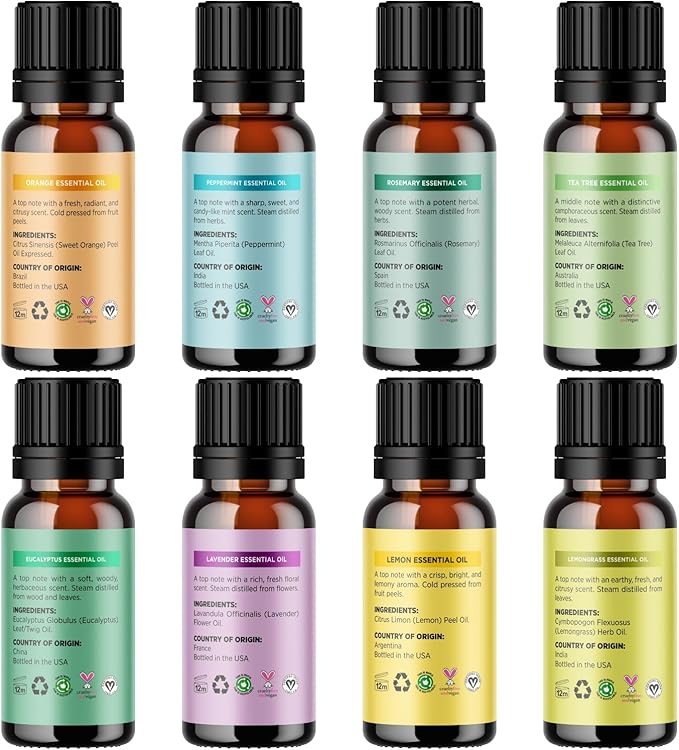 Pure Essential Oil Set for Diffuser - Aromatherapy Essential Oils for Diffusers for Home Travel and Self Care with High Grade Essential Oils for Hair Skin and Nails - Oil Diffuser Essential Oils Set