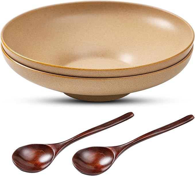 Ceramic Serving Bowls with Wooden Spoons Set of 2, Large Serving Bowl for Dinner Salad Soup Pasta Dessert Fish Fruit Chicken Bread, Oven Dishwasher Safe, 50oz Bowl for Entertaining, 9.75" Khaki