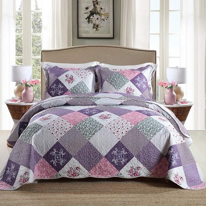Homcosan Quilt Bedspreads Sets King Size (98x106 inches), Reversible Purple Floral Patchwork Patterns, Lightweight Coverlet for All Season, 3-Piece Bedding (1 Quilt + 2 Pillow Shams)