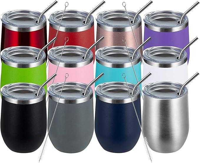 MEWAY 12oz Wine Tumbler Mix Color 12 Pack Bulk Gifts for Women, Vacuum Stainless Steel Travel Mug with Lid,Insulated Stemless Wine Cup Glass for Coffee,Cocktails,Drinks(Mix,Set of 12)