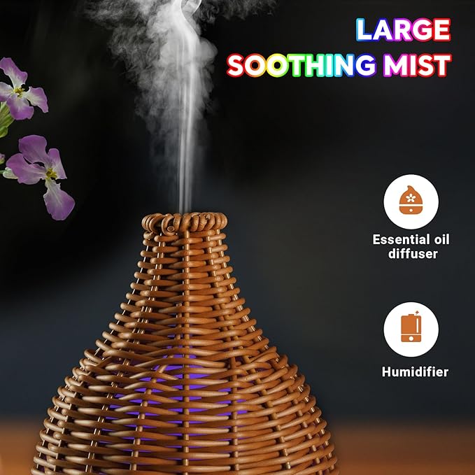 Boho Essential Oil Diffuser for Home Rattan Weaving with Remote Control, 100mL 7 Changing Color Lights Ultrasonic Aroma Humidifier, Noiseless Auto-Off Sleep Mode for Bedroom Office Workout