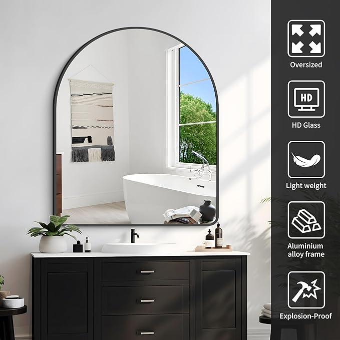 FORBATH Arched Mirror 40x32 Inch, Black Arched Bathroom Mirror Wall Mounted Modern Black Aluminum Frame Decor Large Dresser Mirror for Bedroom Living Room Entryway, Hanging or Leaning Against Wall