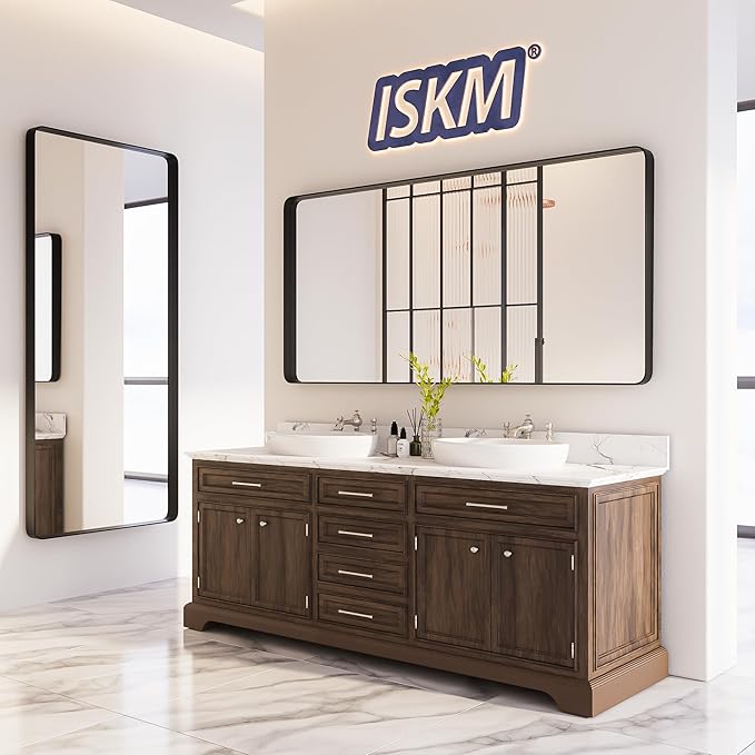 ISKM Large Black Framed Mirror for Bathroom 72" x 36" Wall Mounted Mirror Black Metal Framed Bathroom Mirror for Wall Round Corner (Horizontal/Vertical)