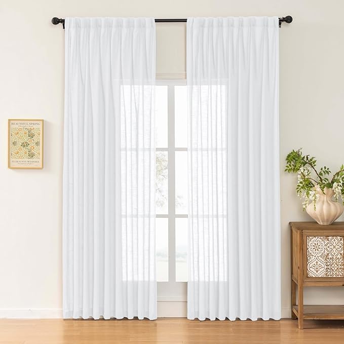 White Sheer Linen Pinch Pleated Sliding Door Curtains, 2x50 Inches Width, Cotton Look Light Filtering Drapes 102 Inches Long, Soft Textured Farmhouse Floor to Ceiling Window Curtain Panels
