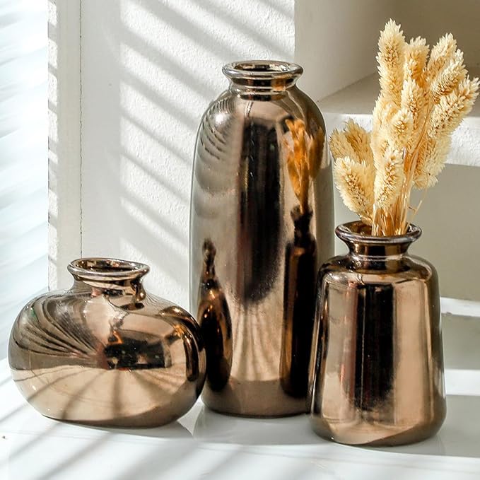 Ceramic Vase Set of 3,Brown Modern Farmhouse Pottery Vases, Neutral Rustic Vases for Pampas Grass, Dried & Fresh Flowers - Ideal for Bedroom, Living Room, Bookshelf, Mantel, Centerpiece Table Decor