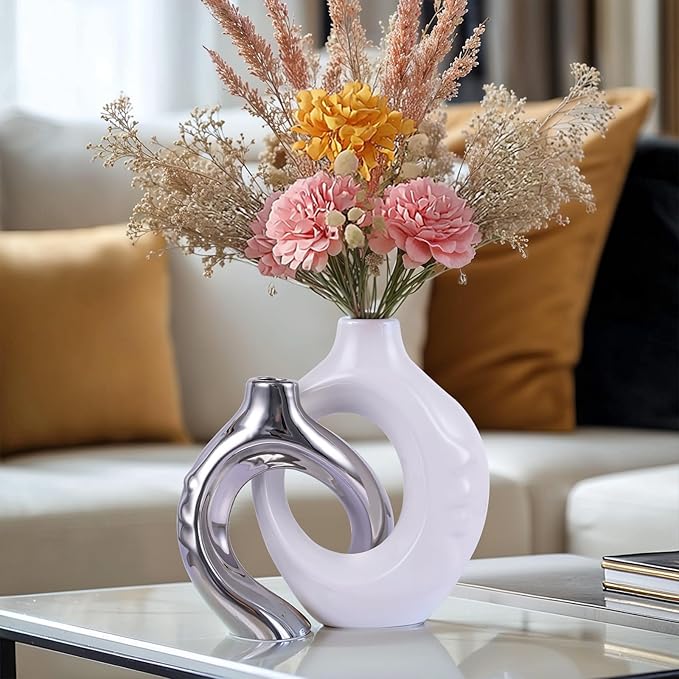 Silver Ceramic Vase Set of 2 for Modern Home Decor,Round Boho Vase for Pampas Grass,Neutral Minimalist Statue for Dining Room Table Centerpiece Dining Room,Wedding Table Decoration