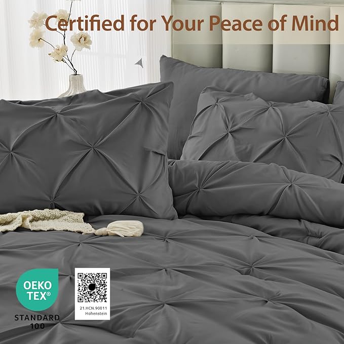 Sasttie King Size Comforter Set, 7-Piece Bed in a Bag, Pintuck Bedding Sets for All Season, Includes Comforter, Flat Sheet, Fitted Sheet, Pillowcases and Pillowshams, Dark Grey