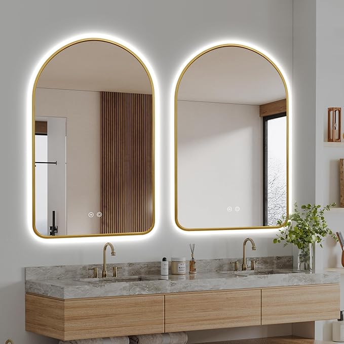 40"x24" Arched LED Bathroom Mirror, Wall Mounted Backlit Mirror with Lights Fog Free Lighted Framed Mirror Smart Anti-Fog 3 Color Temperatures Adjustable Brightness Gold