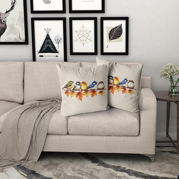 Giwawa Colorful Fall Birds Pillow Covers Pack of 2 20x20 Inch Autumn Thanksgiving Maple Leaf Branch Decorative Throw Pillow Cases Cotton Soft Cushion Covers for Sofa Couch Season Patio Car