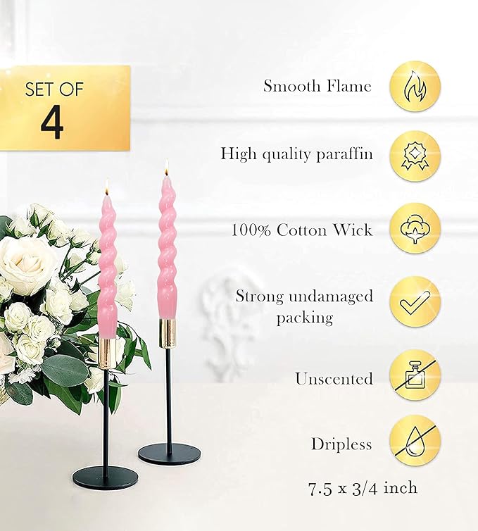 Pink Spiral Taper Dinner Candles Conical Stick Candles Wax Unscented Dinner Candle Dripless for Home Decor, Relaxation Set of 4（7.6" Baby Pink）
