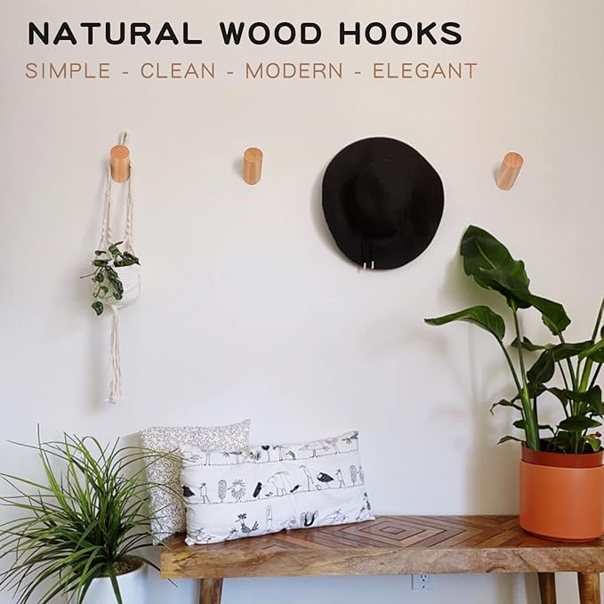 Wood Hooks, 3 Pack Wall Hooks Heavy Duty Rustic Coat Hooks Wall Mounted, Decorative Hooks for Hanging Coats Hats Towels Robes Hat Rack for Wall (Beech Wood)