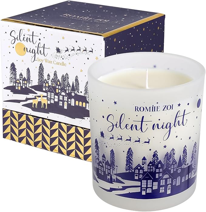 ROMIIE ZOI Christmas Scented Candle - 6oz Soy Wax Candle, Silent Night, Infused with Fresh-Cut Spruce Branches Aroma - Navy Blue Gift Box Packaged for Christmas Holiday Season Gift
