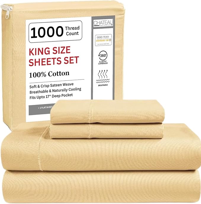 CHATEAU HOME COLLECTION 100% Cotton Sheets King Size - 1000 Thread Count Luxury Sateen Weave- 15" Deep Pocket King Sheet Set- Machine Washable Fade Restistant- Semolina