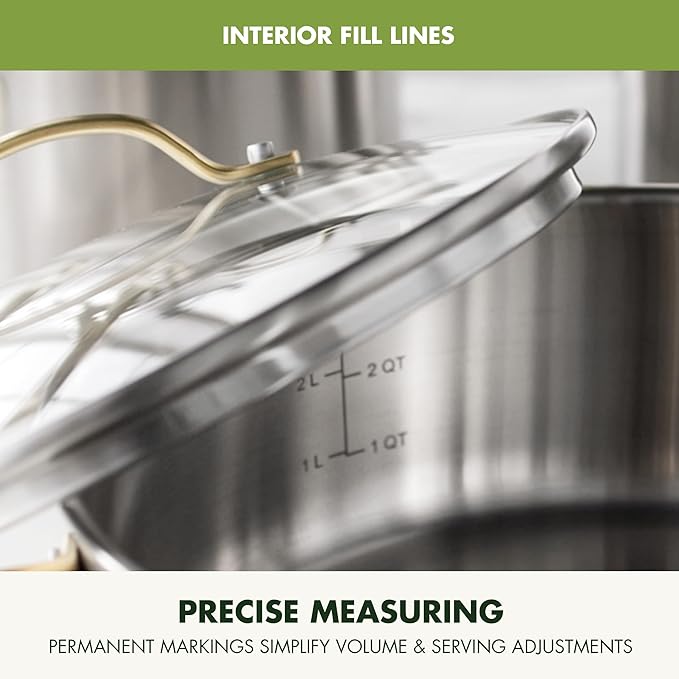 GreenPan 11 Piece Stainless Steel Cookware Set, Induction Ready, Measurement Markings, Dishwasher & Oven Safe 600F, Pots & Pans, Sauce, Saute, Frying Pans, Gold