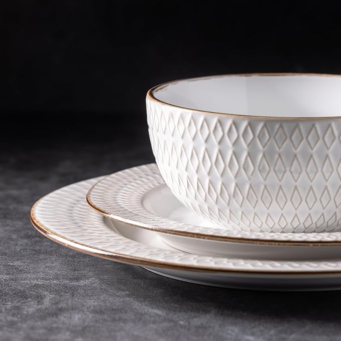 GBHOME Ceramic Dinnerware Sets,18 pcs Embossed Elegant Stoneware Plates and Bowls Sets, Housewarming Wedding Gift | Dishwasher & Microwave Safe | Dishes Set Service for 6