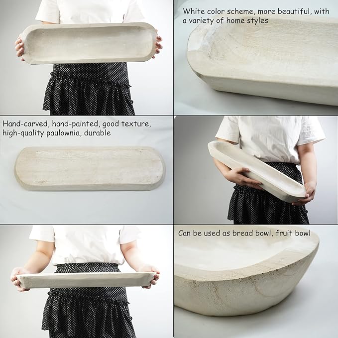 S-SNAIL-OO Decorative Bowl Vintage Wooden Dough Bowls Hand Carved, Farmhouse Country, Restaurant, Cafe Decoration, Place Bread, Fruit, Aromatherapy. (20x6x2in(White))