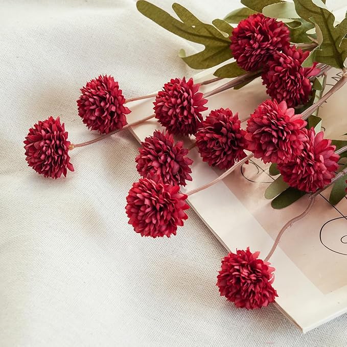 Artificial Kiku Flower Burgundy - 5 Pcs Fake Pompon Mums Silk Small Chrysanthemum Faux Ball Fall Flower Stem Decor for Autumn Wedding Filler DIY Bouquet Centerpieces Arrangements Shower (Burgundy)