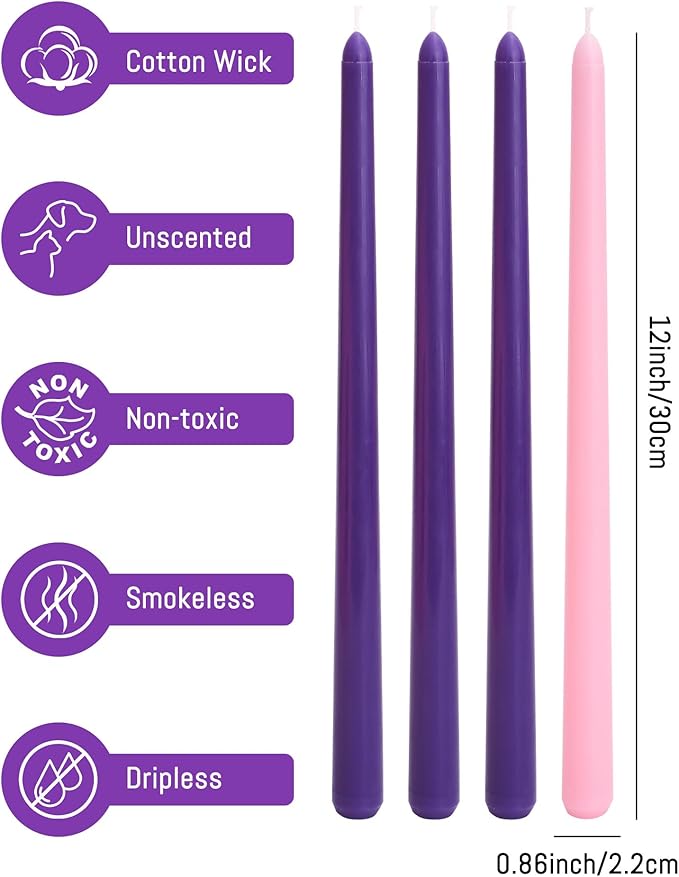 Viyffo Advent Taper Candles 12 Inch Purple & Pink 4 Pack – 9-Hour Burn Special Edition Unscented Dripless Smokeless Long Tapered Candlesticks for Church Services & Holiday Celebrations