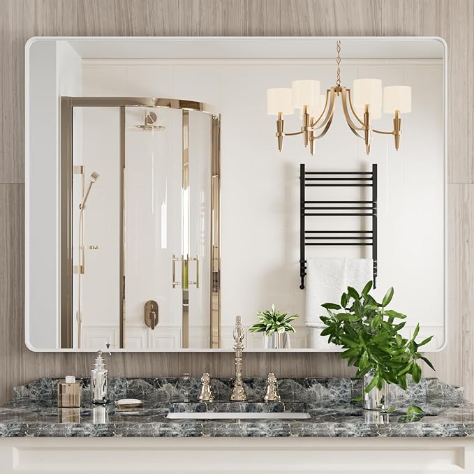 White Bathroom Mirror 48x36 Inch, White Metal Framed Bathroom Mirror for Wall, Rounded Rectangle Matte Bathroom Vanity Mirror, Tempered Glass, Anti-Rust, Horizontal/Vertical