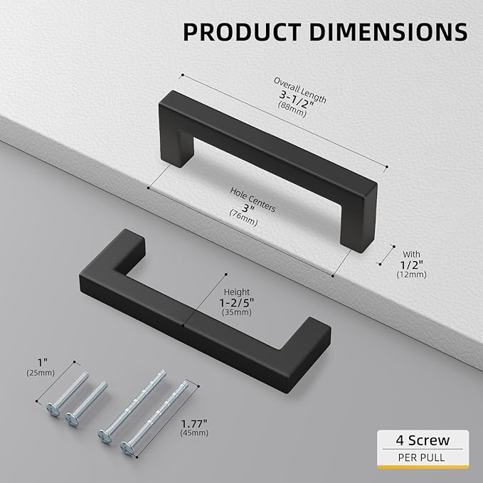 goldenwarm 30 Pack 3 INCH Black Square Bar Cabinet Pull Drawer Handle Stainless Steel Modern Hardware for Kitchen Bathroom Cabinets Cupboard - Center to Center 3in (76mm) Matte Black Drawer Pulls