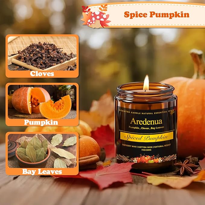 Fall Candles - Spiced Pumpkin Scented Candle, Autumn Scented Candles for Home - Natural Soy Autumn Candle - 7 oz Aromatherapy Candle, Fall Gifts for Women Men