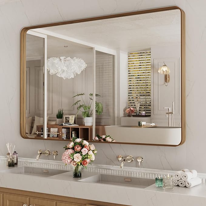 LOAAO 55X36 Inch Bathroom Mirror with Wood Grain Colored Metal Frame, Rounded Rectangle Metal Framed Bathroom Mirror, Anti-Rust, Hangs Horizontally or Vertically, Tempered Glass