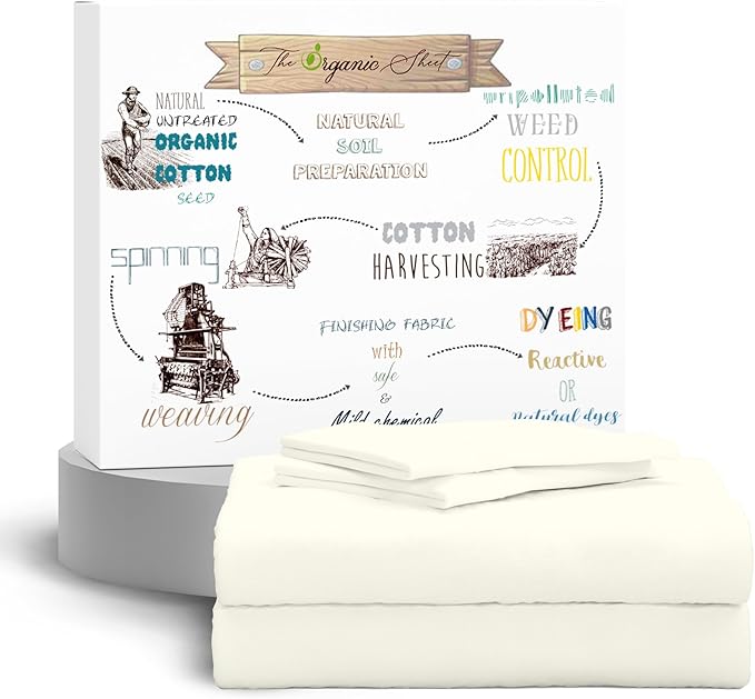 SUPREME ELEGANCE 100% Organic Cotton Percale Twin Sheet Set – Crisp & Breathable Cooling Cotton Bedding, Deep Pocket Fits up to 18″, Soft & Durable, Light Ivory, 3-Piece Set