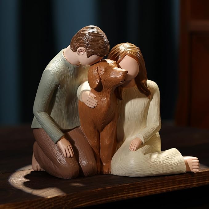 Couple with Dog Figurines, We Are A Family Dog Memorials Statues for Lovers