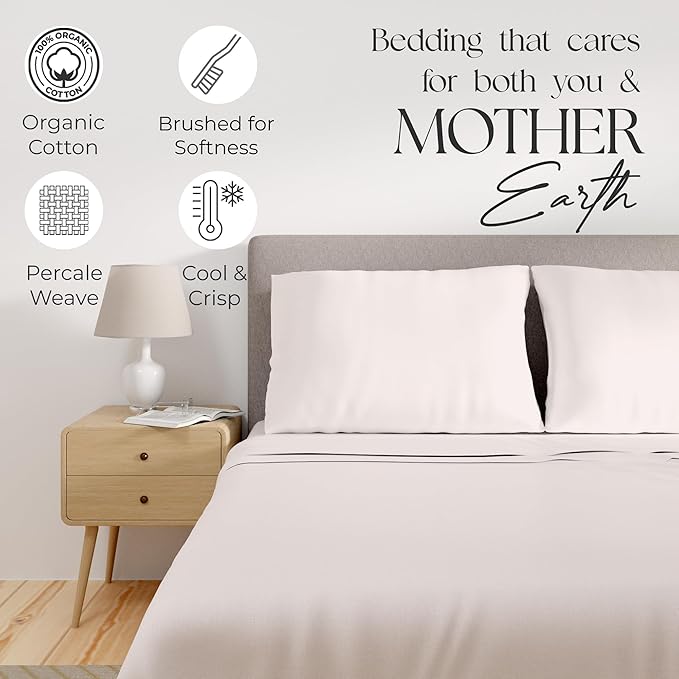 Supreme Elegance Organic Cotton King Sheet Set – 100% Percale Weave, Crisp & Breathable Cooling Bed Sheets, Deep Pocket Fits up to 18″ Mattress, Soft, Durable & Lightweight, Blush, 4-Piece Bedding Set
