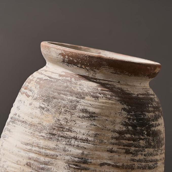 SIDUCAL Ceramic Rustic Vase, Whitewashed Terra Cotta Vase, Distressed Farmhouse Décor, Pottery Decorative Flower for Home Decor, Table, Living Room Decor, Shelf, Mantel, 7.3 Inch, Terra