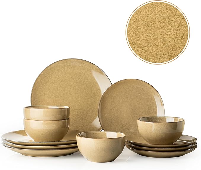 Plates and Bowls Sets, 12 Pieces Modern Stoneware Dinnerware Set for 4 Kitchen Dinner Set Ceramic Dishware Dishes Set Microwave and Dishwasher Safe (Maize Yellow)