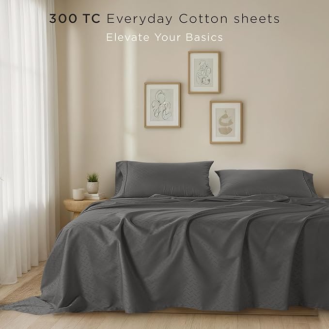 Threadmill Cotton Twin XL Sheet Set | 100% Cotton Sheets for Twin XL Size Bed | Damask Jacquard Sateen Twin XL Bed Sheets Set with 16” Deep Pocket | Soft Breathable 3-Piece Cooling Sheets | Dark Grey