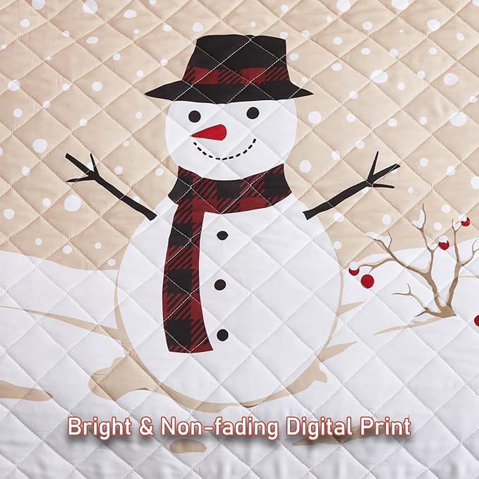HZ & HY Christmas Oversized Bedspread King Size, Snowman Pattern Bedding Quilt, Rustic Lodge Plaid Patchwork Coverlet Set, Lightweight & Soft Microfiber, 3 Piece