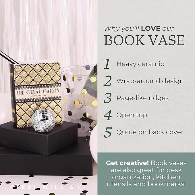 Steel Mill & Co Original Book-Shaped Decorative Vase, Ceramic Vases for Home Decor, Cute Bookshelf Decor, Unique Vase for Book Lovers (Small - Great Gatsby)