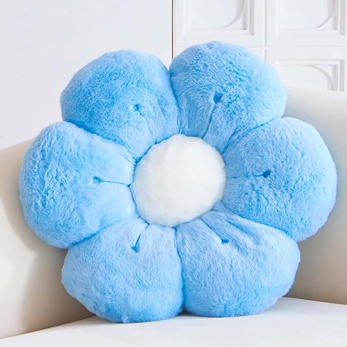 Flower Pillow, Cute Flower Shaped Decorative Pillow, Soft Rabbit Fur Daisy Pillow Home Decor Floor Seating Cushion for Bedroom Living Room (Blue2 14.9 Inch)