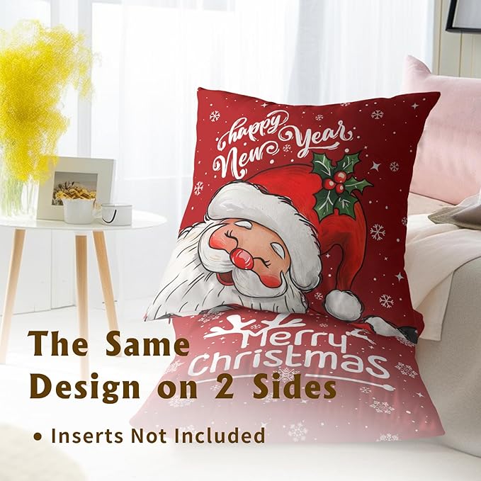 Red Christmas Santa Pillow Covers - Happy New Year Throw Pillow Covers 22x22 Set of 2 Xmas Pillow Cases Winter Snowflake Cushion Cases for Sofa Couch Home