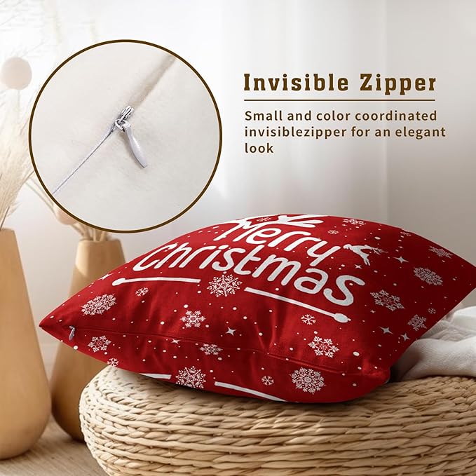 Red Christmas Santa Pillow Covers - Happy New Year Throw Pillow Covers 20x20 Set of 2 Xmas Pillow Cases Winter Snowflake Cushion Cases for Sofa Couch Home