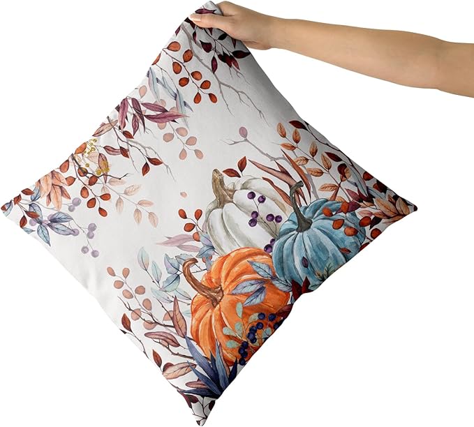 Giwawa Fall Pillow Covers Set of 2 16x16 Inch Orange Blue White Pumpkins Autumn Leaves Thanksgiving Cushion Covers Farmhouse Decorative Square Double Sided Throw Pillowcases for Indoor Outdoor Holiday