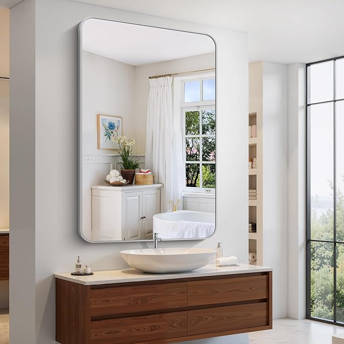 60x40 Inch Silver Bathroom Mirror, Large Rectangle Mirror, Metal Framed Rectangular Vanity Mirror, Rounded Corner Wall Mounted Mirror for Living Room Bedroom Entryway Horizontal or Vertical