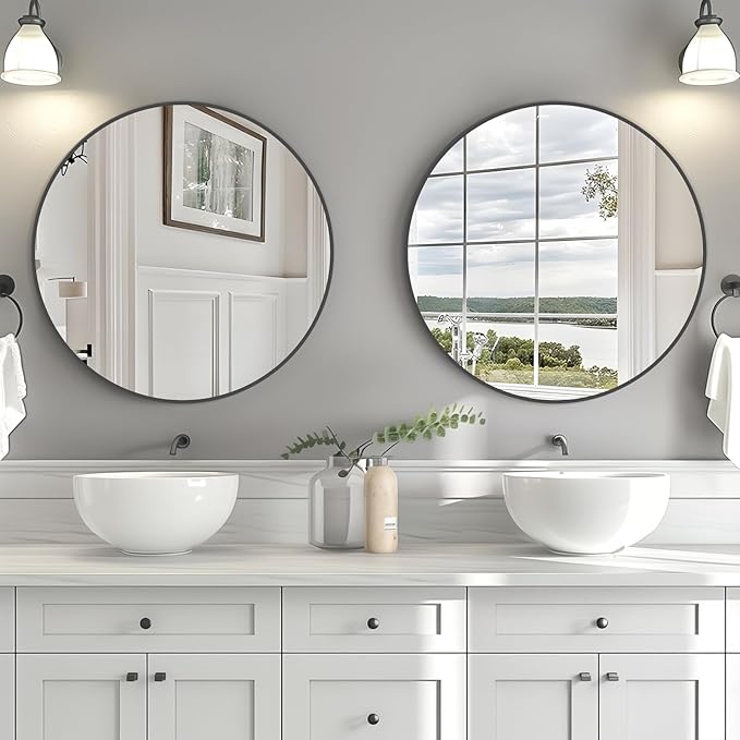 HOMECOOKIN Round Wall Mirror 24" Black Circle Mirror for Bathroom with Metal Framed, Round Gold Mirror for Wall Decor, Vanity, Entryway Living Room