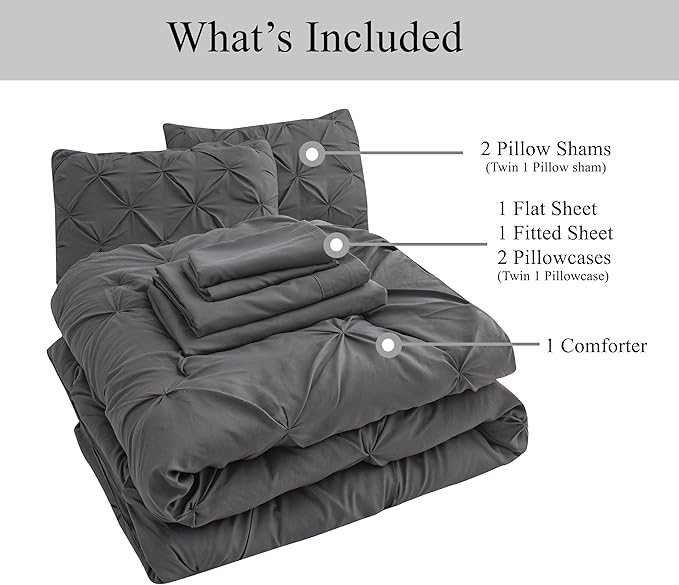 LANE LINEN Queen Comforter Set, 7 Piece Bedding Set, Pillowcases & Shams - Pintuck Comforter & Soft Queen Bed in a Bag Set - Grey