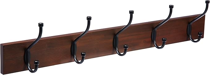 Amazon Basics Rectangular Wall-Mounted Farmhouse Coat Rack, 5 Hook, Light Walnut