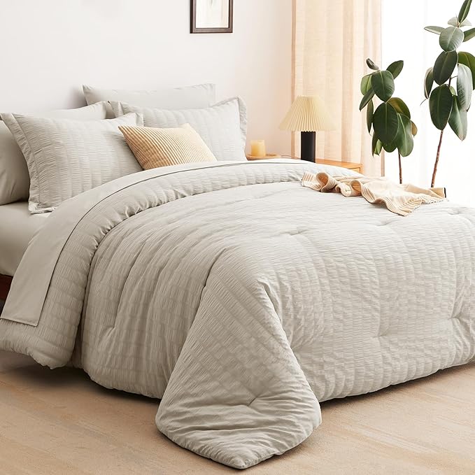 CozyLux Full Size Comforter Sets with Sheets Seersucker 7 Pieces Beige Bed in a Bag Textured Luxury Soft Bedding Set with Down Alternative Comforter, Sheets, Pillowcases & Shams for All Seasons